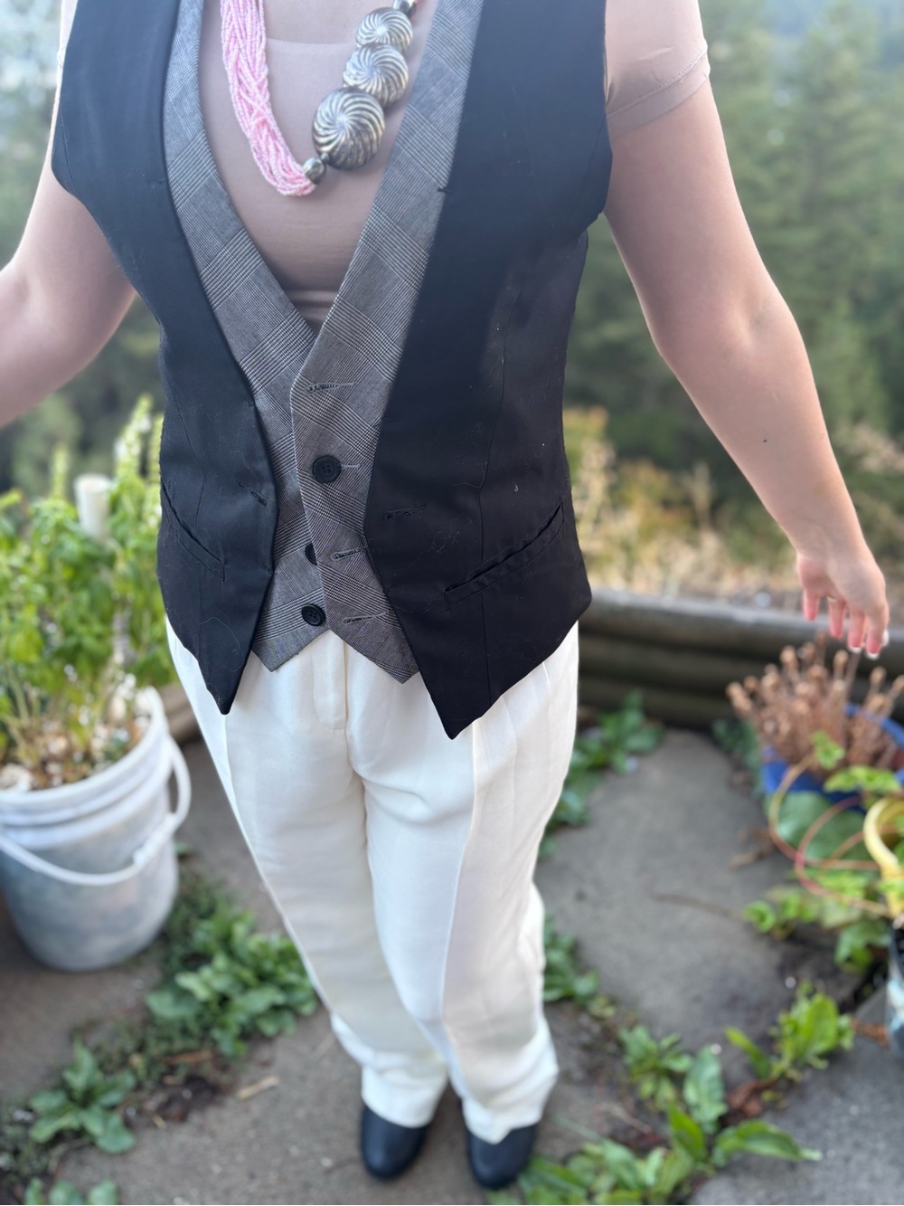Ladies J Bloom Black & Plaid -Vest Colton Linen Blend